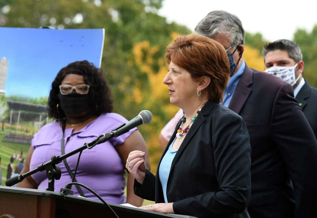 Mayor Kathy Sheehan announces plans to build an open-air theater in Lincoln Park on Tuesday, Sept. 29, 2020, during a press conference at Lincoln Park in Albany, N.Y. The city plans to spend $2 million to make improvements in Lincoln Park, including construction of an amphitheater and fitness equipment. (Will Waldron/Times Union)