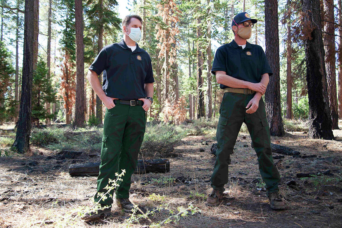 Rich Adams, left, and Dave Murray survey previous prescribed burns on various plots of Ed Z'berg Sugar Pine Point State Park on Sept. 24, 2020.