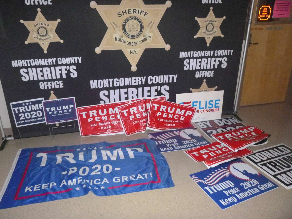 Trump campaign signs were recovered the car of a woman who allegedly drove around Montgomery and Schenectady counties stealing them on Sunday.
