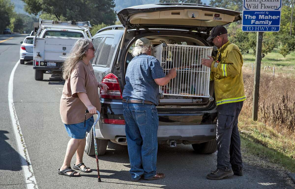Battalion Chief Gino DeGraffenreid, right, helps Lynn Boro and Cio Perez load Lynn's parrot cage into his car after they evacuated her home and couldn't bring the cage with them as the Glass fire burned north of St. Helena, Calif., on Sunday, September 27, 2020.