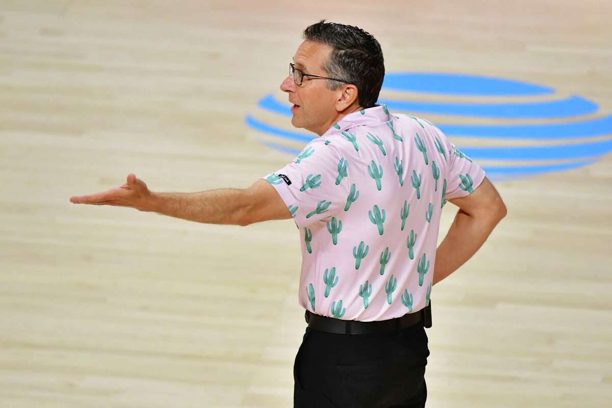 PALMETTO, FLORIDA - SEPTEMBER 29: Head coach Curt Miller of the Connecticut Sun reacts to a call during the first half of Game Five of their Third Round playoff against the Las Vegas Aces at Feld Entertainment Center on September 29, 2020 in Palmetto, Florida. NOTE TO USER: User expressly acknowledges and agrees that, by downloading and or using this photograph, User is consenting to the terms and conditions of the Getty Images License Agreement. (Photo by Julio Aguilar/Getty Images)