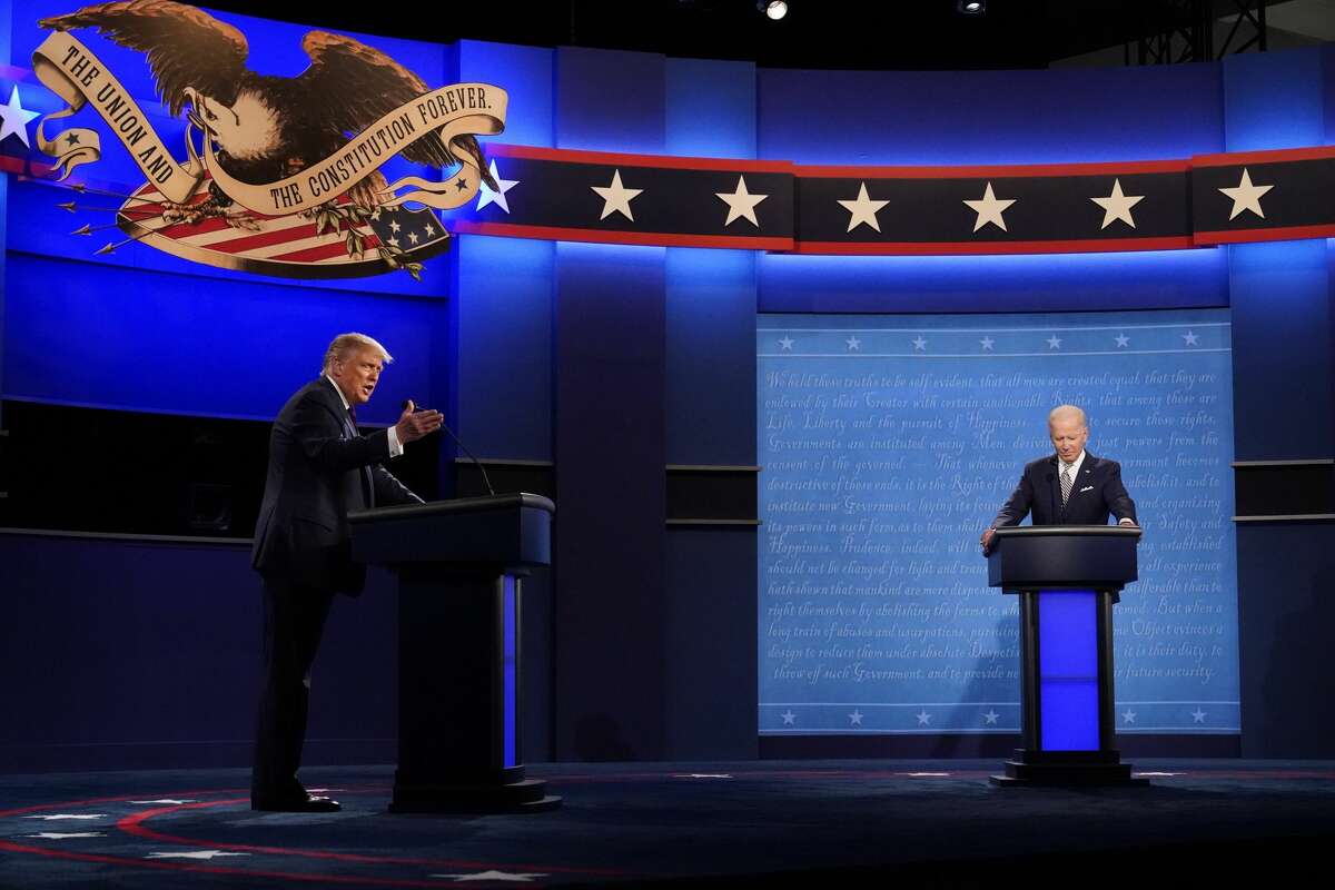 President Donald Trump and Democratic presidential candidate former Vice President Joe Biden during the first presidential debate Tuesday, Sept. 29, 2020, at Case Western University and Cleveland Clinic, in Cleveland, Ohio. (AP Photo/Julio Cortez)