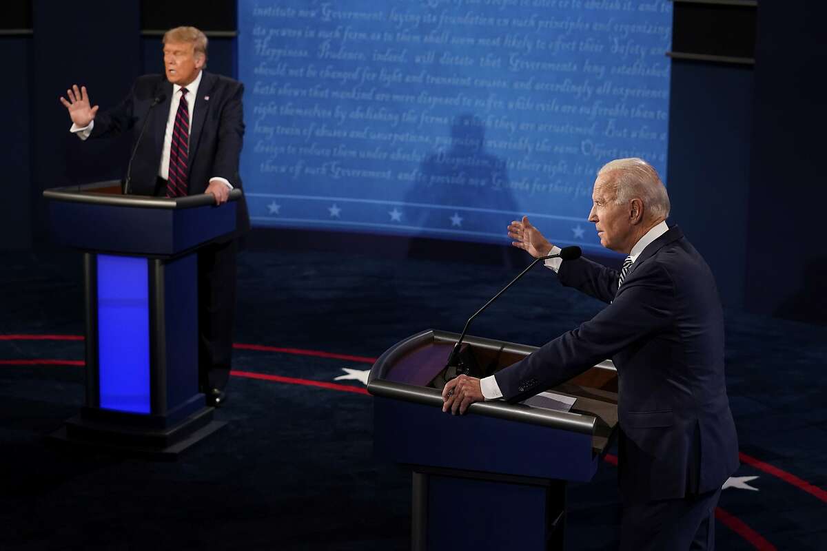 President Donald Trump and Democratic presidential candidate former Vice President Joe Biden exchange points during the first presidential debate Tuesday, Sept. 29, 2020, at Case Western University and Cleveland Clinic, in Cleveland, Ohio. (AP Photo/Morry Gash, Pool)