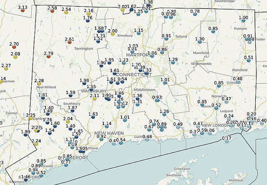 Towns in Litchfield County and western Connecticut had the highest totals from Tuesday’s rain. Highest totals in Hartford, Tolland and Windham County around 1.5 inches. Photo: Community Collaborative Rain, Hail And Snow Network Map