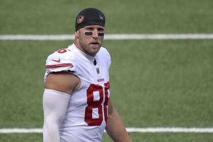 San Francisco 49ers long snapper Kyle Nelson (86) warms up before an NFL football game against the New York Giants, Sunday, Sept. 27, 2020, in East Rutherford, N.J. (AP Photo/Bill Kostroun)