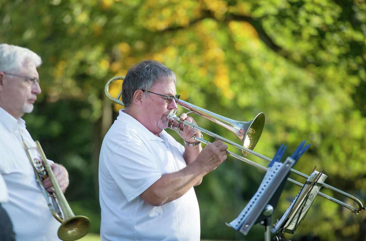 Bob Carlson plays the trombone with the Catoonah Street Jazz & Blues Society at St. Stephen's Nutmeg & Neighbors BBQ on Saturday, September 26, 2020 in Ridgefield, Connecticut. The event was also streamed live on Facebook. Bob Carlson plays the trombone with the Catoonah Street Jazz & Blues Society at St. Stephen’s Nutmeg & Neighbors BBQ on Saturday, September 26, 2020 in Ridgefield, Connecticut. The event was also streamed live on Facebook.