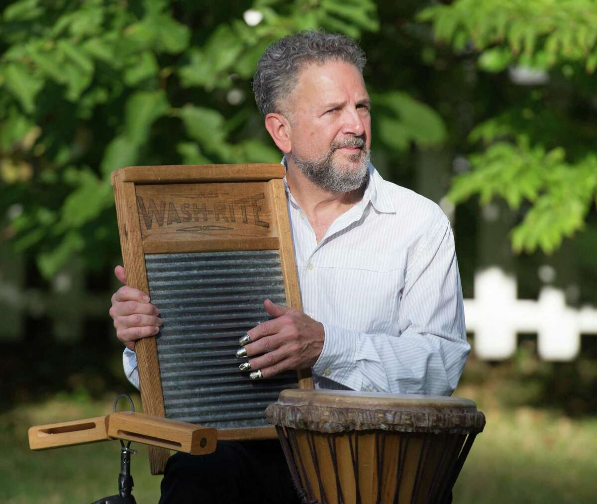 Phil Goldberg plays the washboard and percussion for the Catoonah Street Jazz & Blues Society at St. Stephen's Nutmeg & Neighbors BBQ on Saturday, September 26, 2020 in Ridgefield, Connecticut. The event was also streamed live on Facebook. Phil Goldberg plays the washboard and percussion for the Catoonah Street Jazz & Blues Society at St. Stephen’s Nutmeg & Neighbors BBQ on Saturday, September 26, 2020 in Ridgefield, Connecticut. The event was also streamed live on Facebook.
