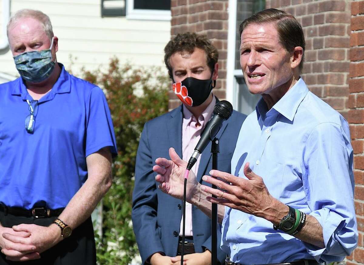 U.S. Senator Richard Blumenthal spoke outside town hall on Sunday, endorsing Democratic state representative candidate Aimee Berger-Girvalo. That's State Senator Will Haskell just to Blumenthal's left.