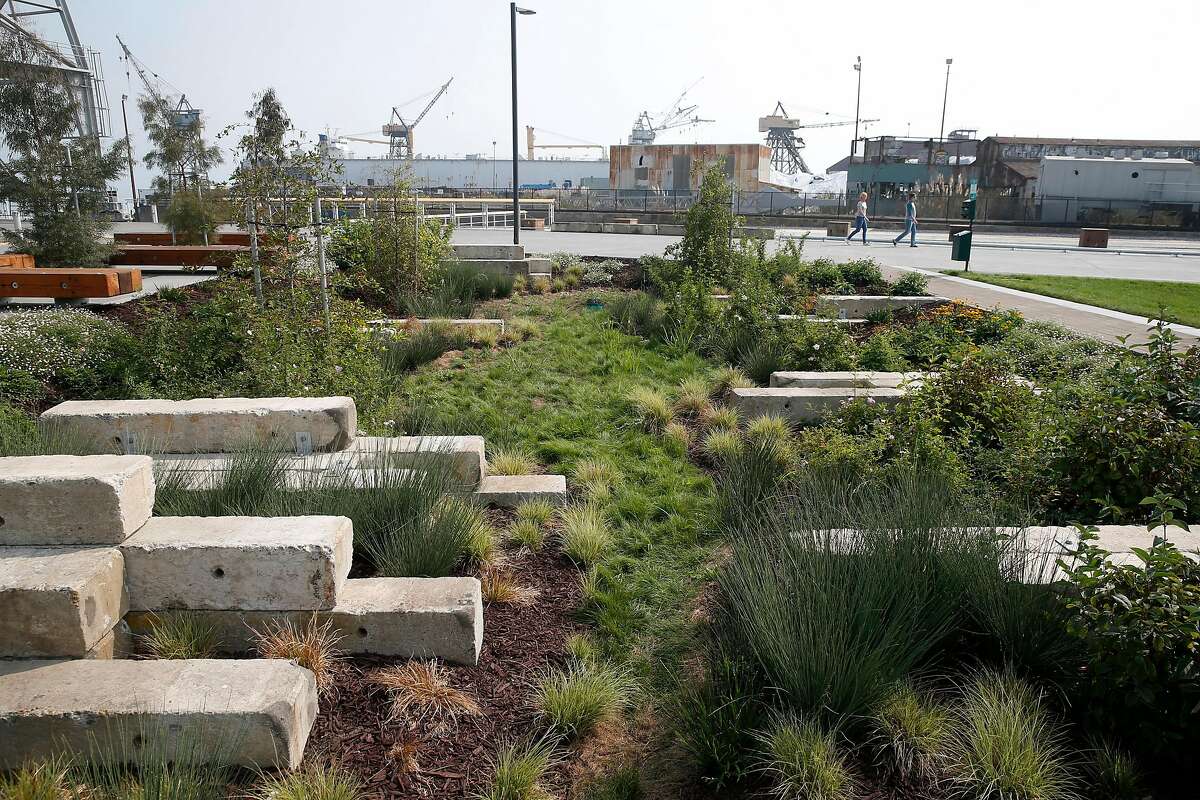 Visitors explore the new Crane Cove Park near Pier 70 in San Francisco, Calif. on Wednesday, Sept. 30, 2020.