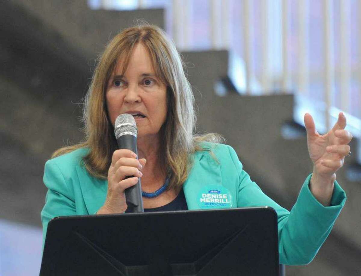 Denise Merrill, Secretary of the State of Connecticut, speaks at the Greenwich Democratic Town Committee Cookout and Campaign Rally at Greenwich High School in Greenwich, Conn. Sunday, Sept. 16, 2018.