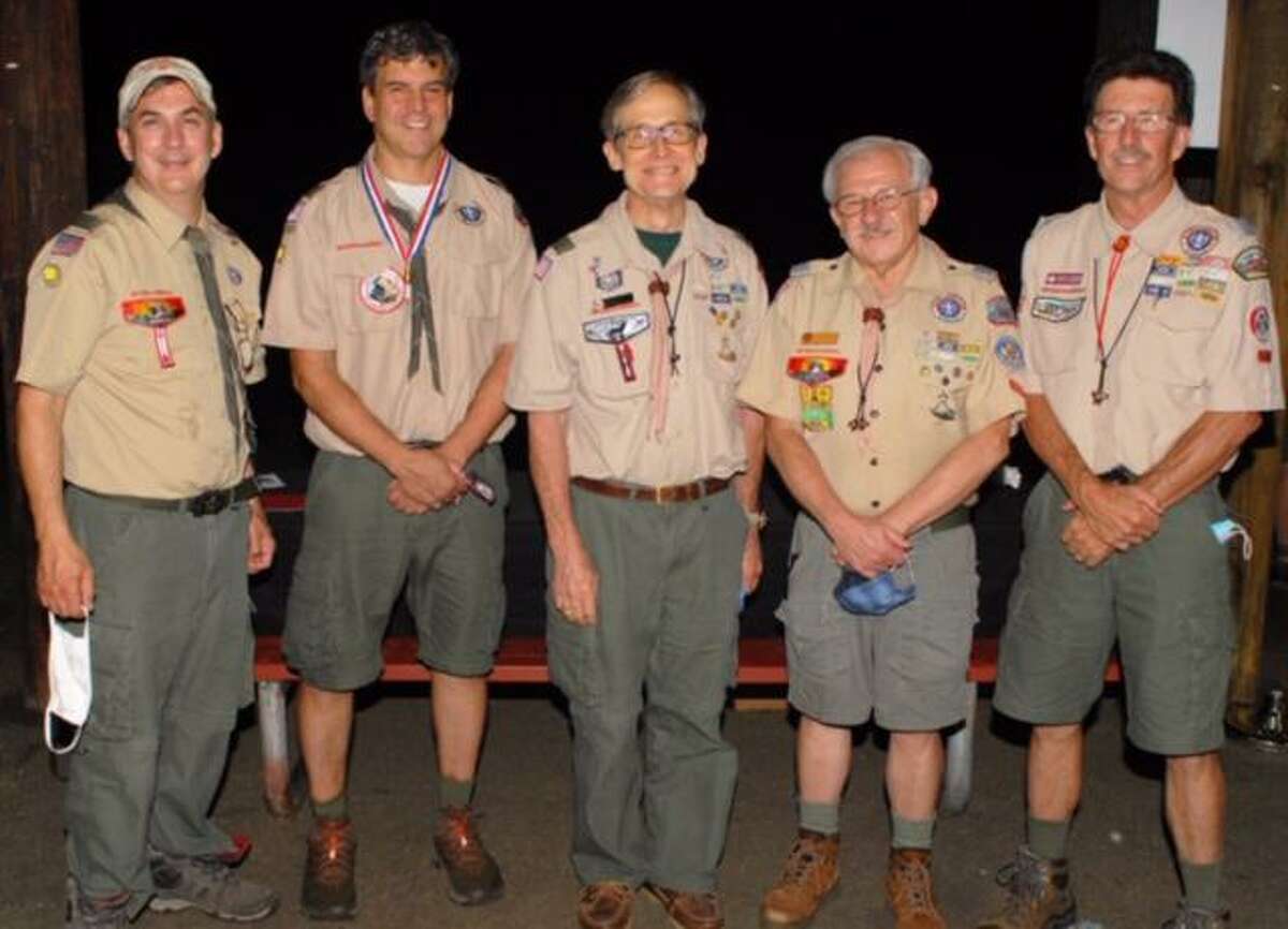 Troop 76 Scoutmasters Matthew Breitenbach, Unit Leader Award 2020; Julian Trotman, Spark Plug Award 2020; and 3 District Award of Merit Winners, Bruce Bowlus 2012; Jay Lubin 2001; and Michael Carpenter 2002.