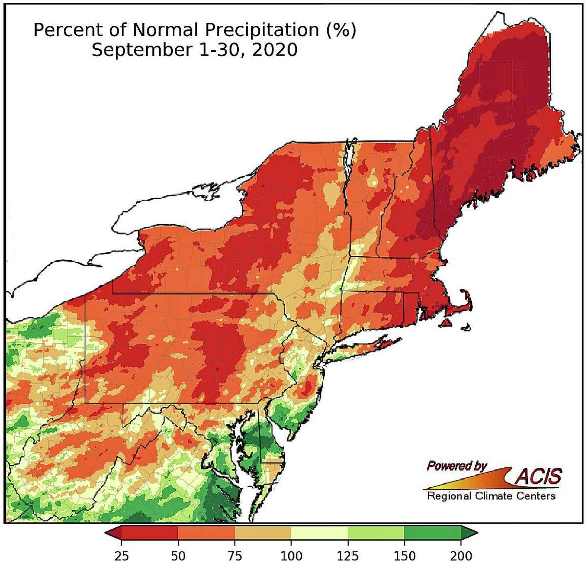 September precipitation ranged from less than 25 percent of normal to near normal for a majority of the Northeast.