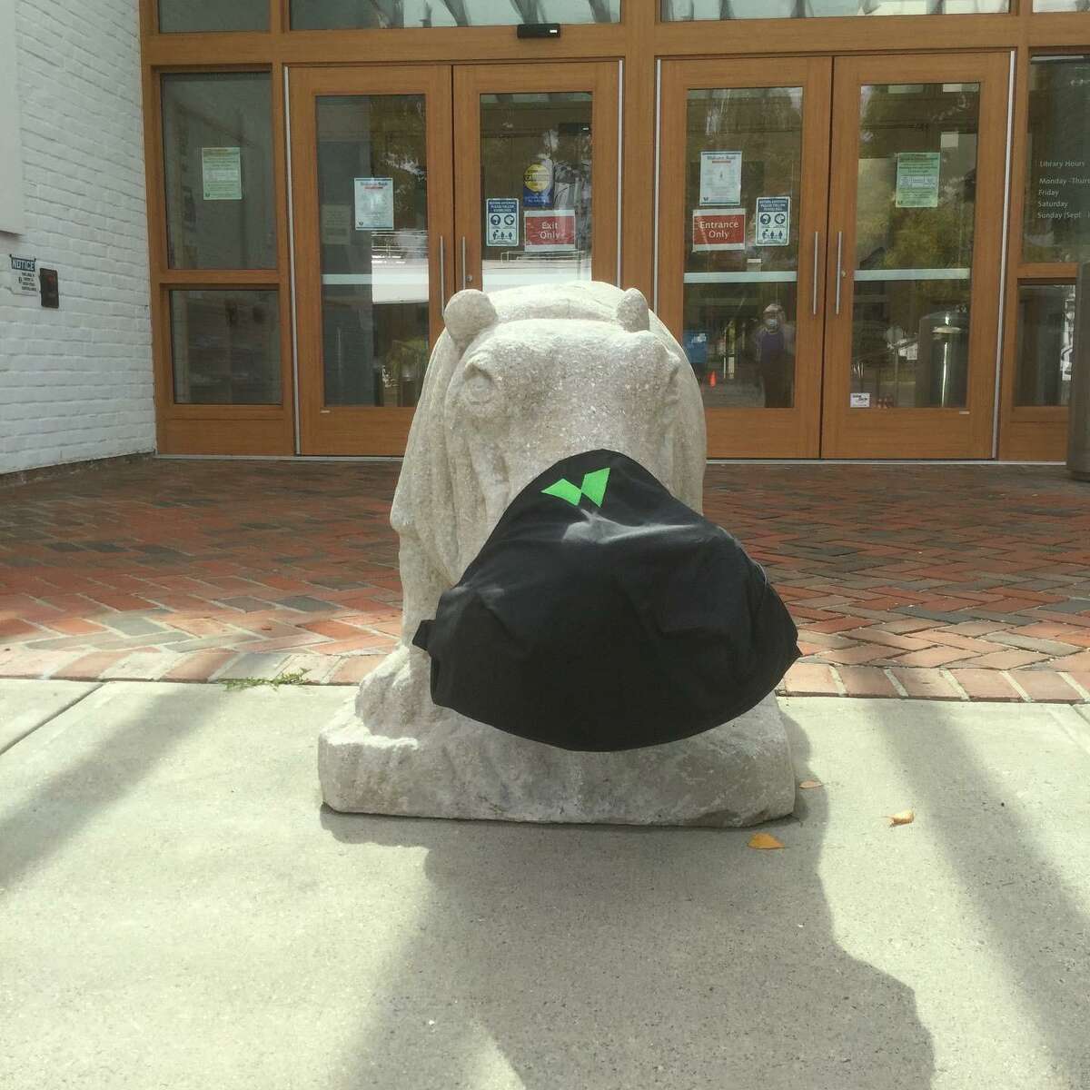 Wilton Library’s mascot hippo greets patrons with a reminder to wear a mask for Express Services appointments.