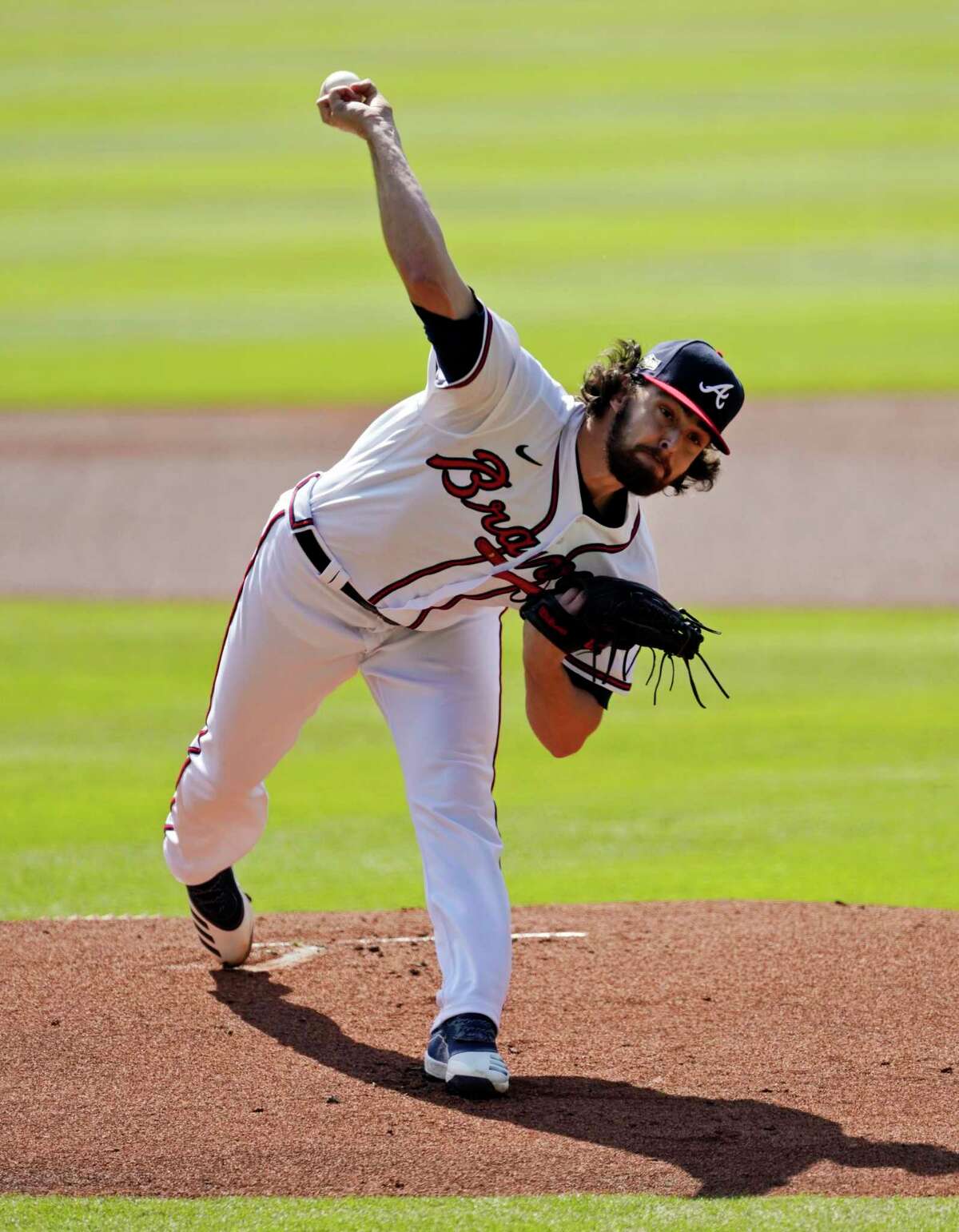 Atlanta Braves starting pitcher Ian Anderson throws during the first inning in Game 2 of a National League wild-card baseball series, Thursday, Oct. 1, 2020, in Atlanta.