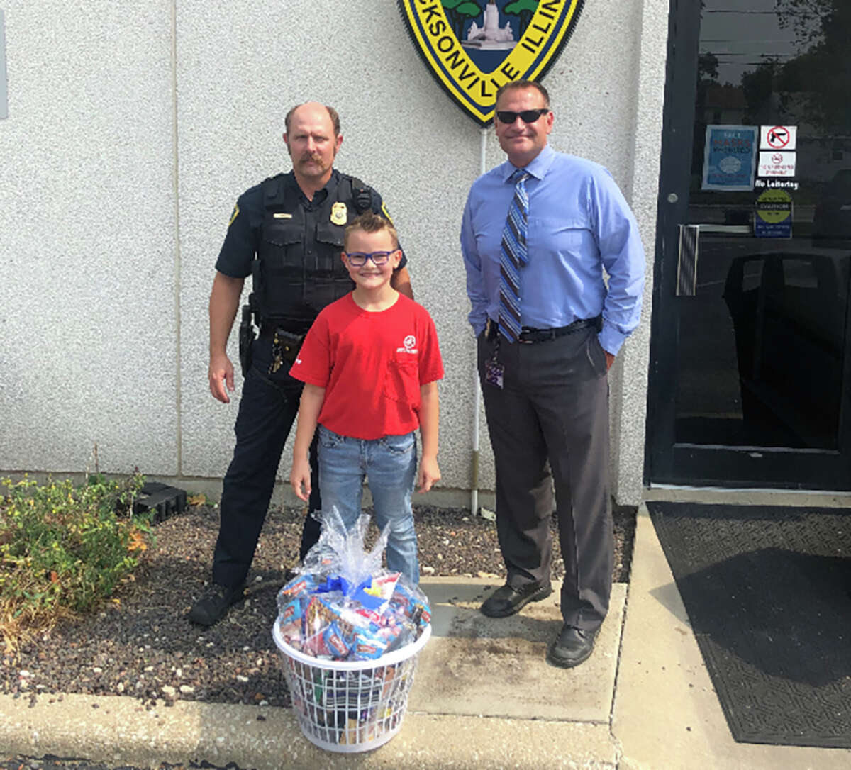 Jacksonville Police Department was given a gift basket by Buchheit retail department manager Sue Radkiewicz’s grandson, Jackson.