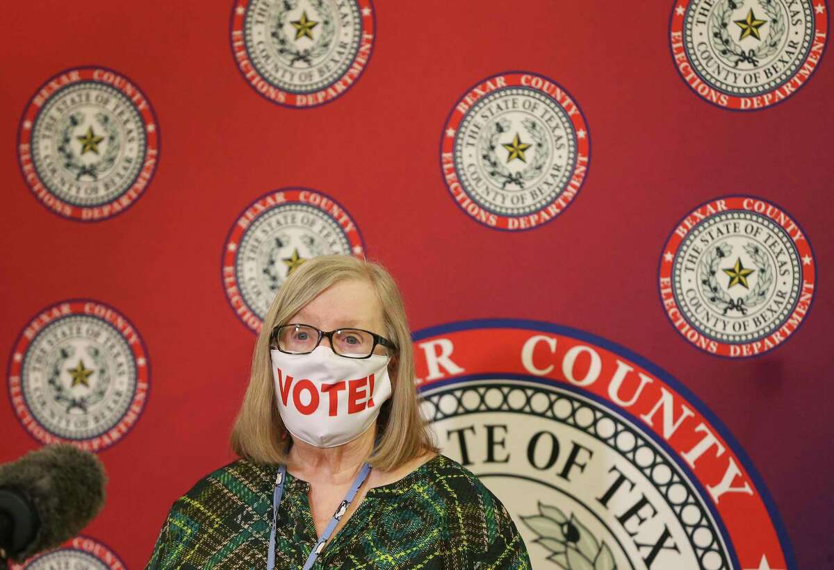 Bexar County Elections Administrator Jacque Callanen tells reporters at a news conference on Thursday, Oct. 1, 2020 that the county has set a record for the number of people registering to vote.
