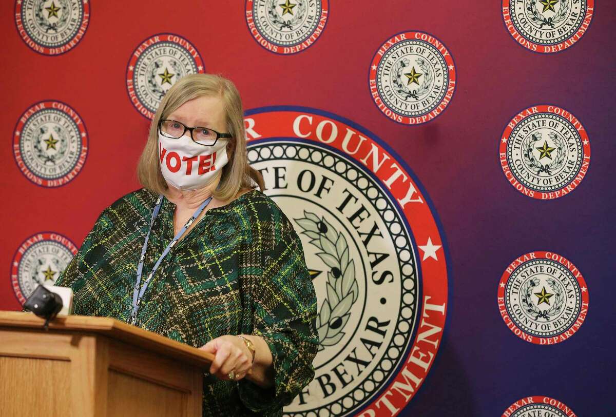 Bexar County Elections Administrator Jacque Callanen answers questions during a news conference on Thursday, Oct. 1, 2020, at elections headquarters on Frio Street.