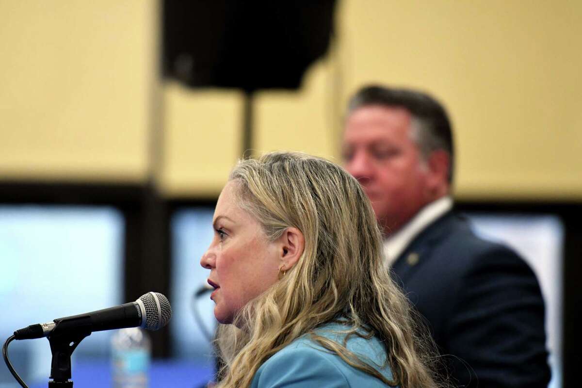 Albany County Department of Health Commissioner Dr. Elizabeth Whalen, left, joins County Executive Daniel McCoy during a county coronavirus press briefing on Friday Oct. 2, 2020, at the county office in Albany, N.Y. (Will Waldron/Times Union)