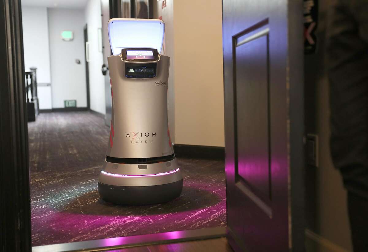 Axiom Hotel near Union Square has been using a room service drone by Savioke seen on Thursday, Oct. 1, 2020, in San Francisco, Calif. More hotels are using these robots during the pandemic to aid the 'touchless' environment hotels.