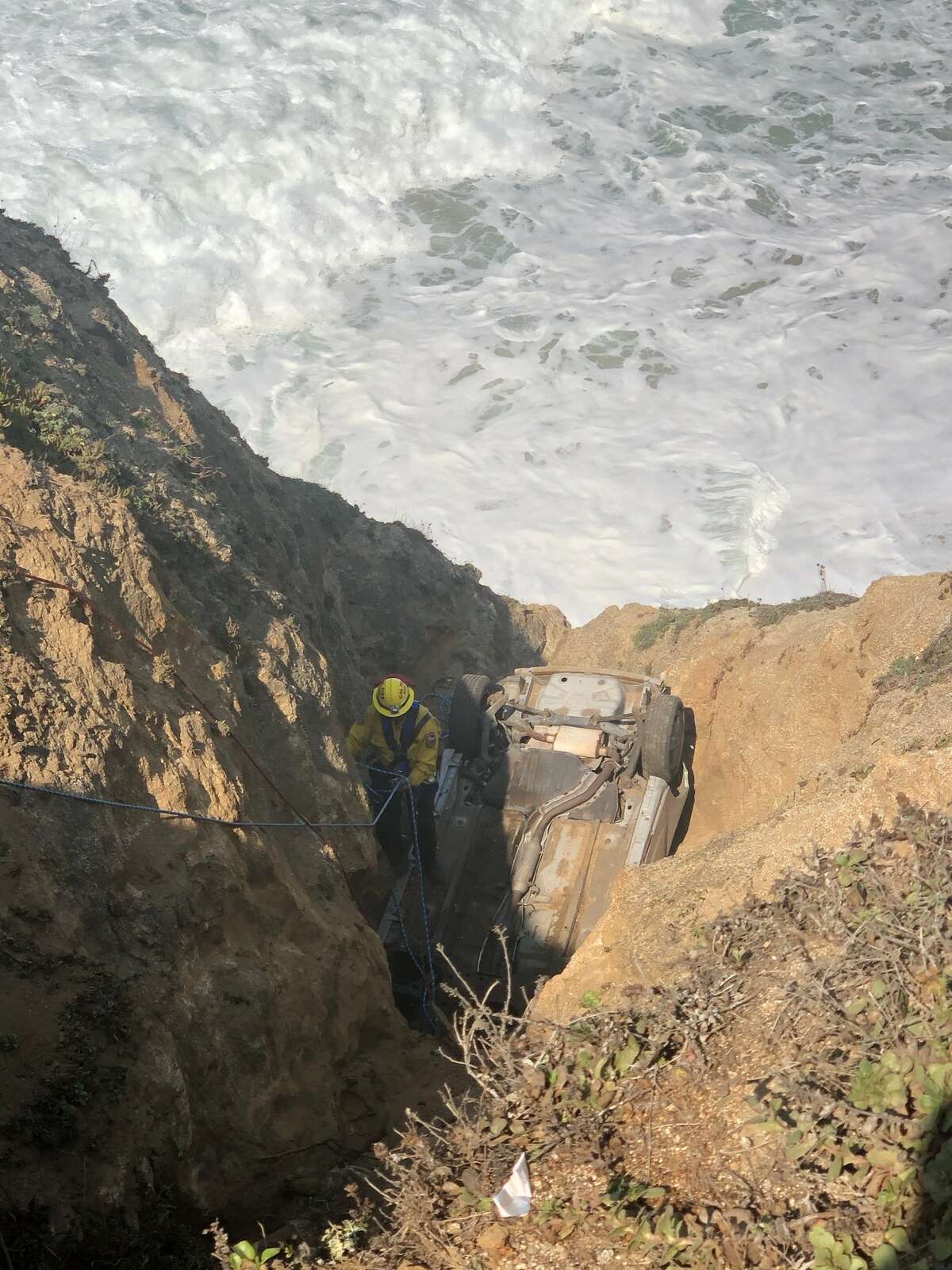 The California Highway Patrol is investigating a car found over a cliff at Montara State Beach in San Mateo County on Oct. 2, 2020.