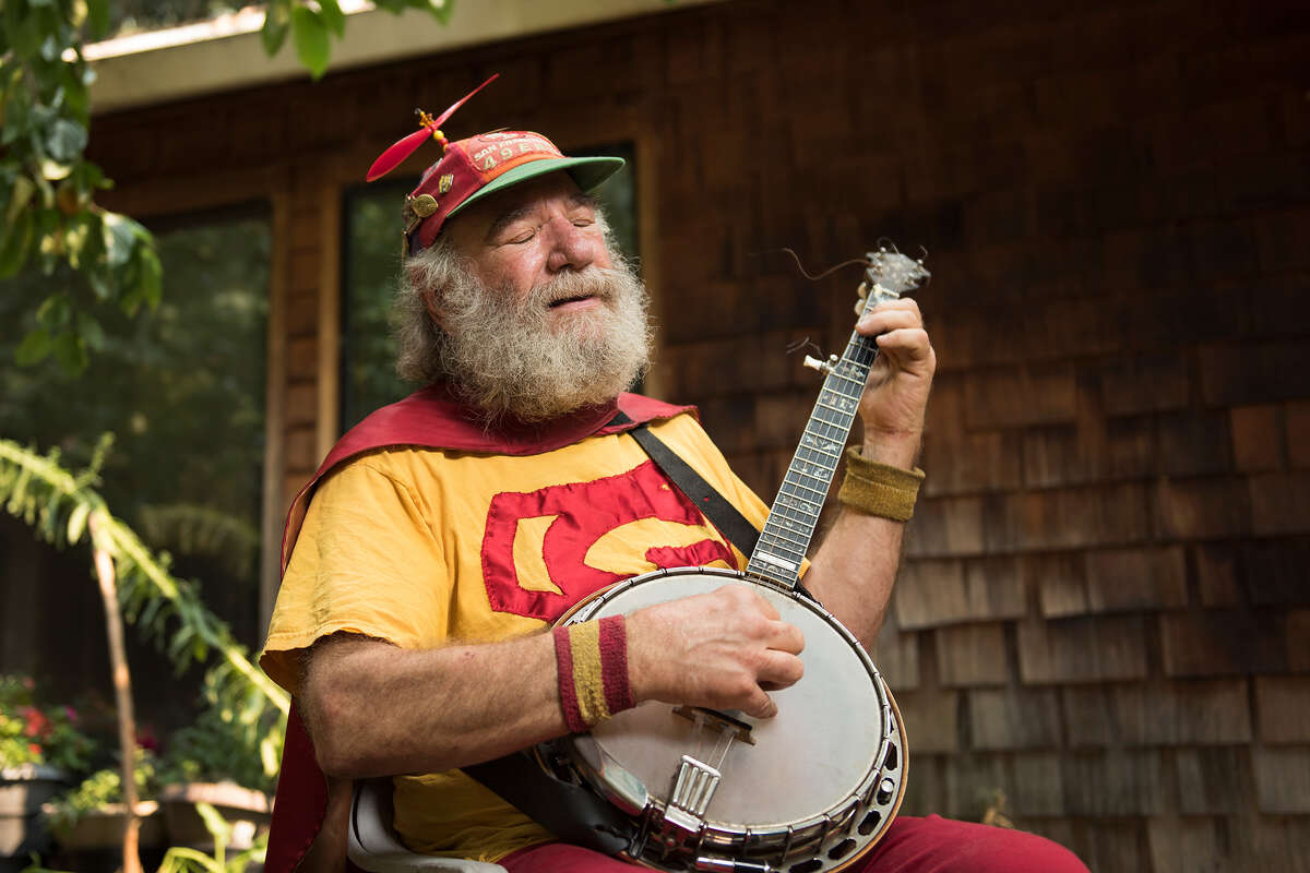 Stacy Samuels, known to 49ers and A's fans as Banjo Man, at his home in Fairfax, Calif.