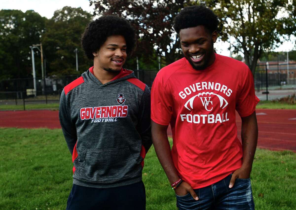 Wilbur Cross football players Jabez Cubiz, left, and Armon Hyslop spoke about the impact of not being able to play due to the pandemic. “Everyone has their own individual problems and their own place to run to,” Cubiz said. “Football is mine. You take that away from them and the only place they have to go is to the bad stuff.