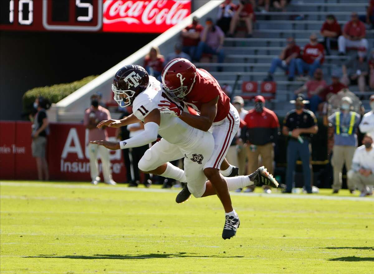 TUSCALOOSA, AL - OCTOBER 3: Patrick Surtain II #2 of the Alabama Crimson Tide tackles Kellen Mond #11 of the Texas A&M Aggies on October 3, 2020 at Bryant-Denny Stadium in Tuscaloosa, Alabama. (Photo by UA Athletics/Collegiate Images/Getty Images)