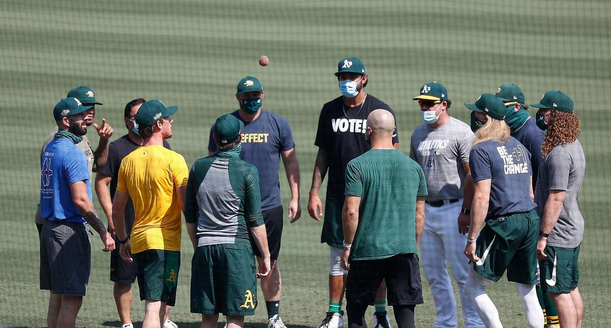 Members of the Oakland Athletics played hacky sack before workouts started, Sunday, October 4, 2020, in Los Angeles, as they prepared to face the Houston Astros, Monday for Game 1 at Dodger Stadium.