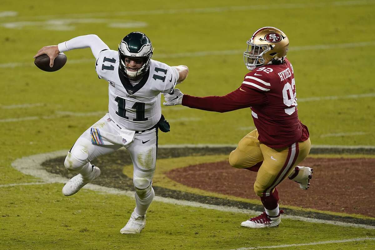 FILE: Philadelphia Eagles QB Carson Wentz played as badly as the Jets' Sam Darold last season, and has a salary cap number bigger than Jimmy Garoppolo.