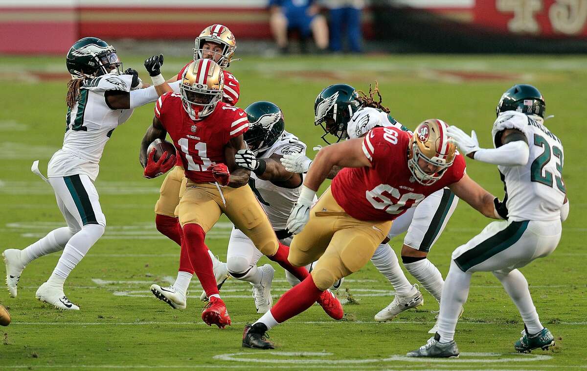 49ers wide receiver Brandon Aiyuk hurdles for touchdown, shows signs of