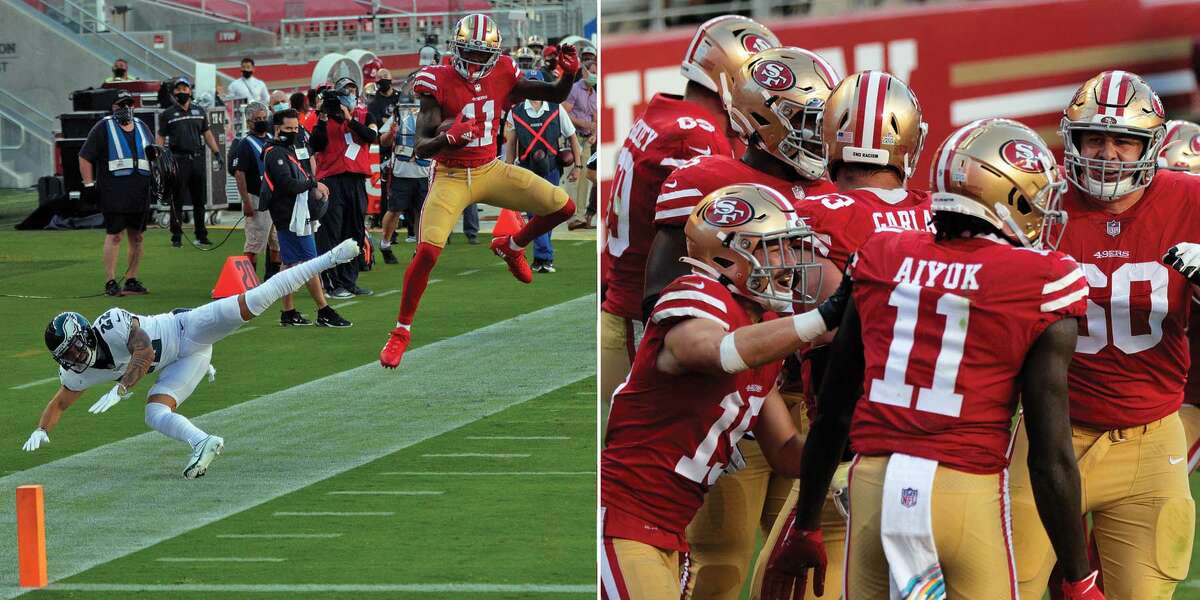 Video: 49ers' Brandon Aiyuk hurdles Eagles player for touchdown