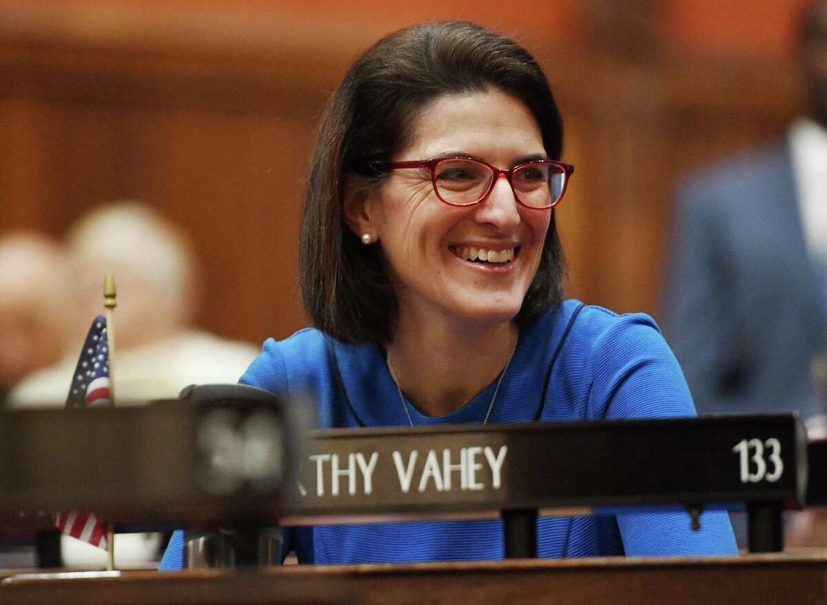 Rep. Cristin McCarthy-Vahey, D-Fairfield, smiles as he is introduced during opening session of the state legislature in Hartford, Conn. on Wednesday, February 05, 2020.