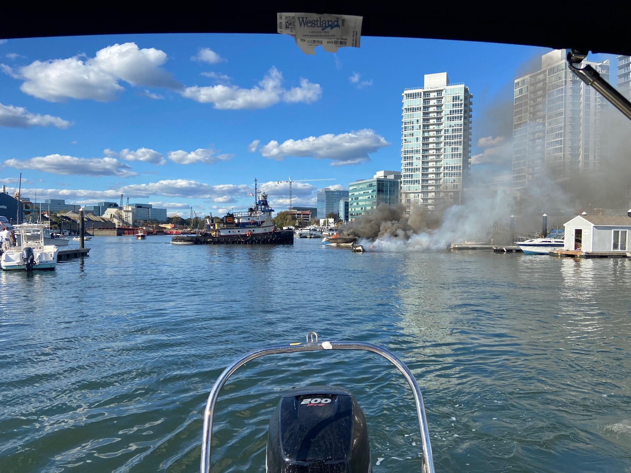 Gasoline fumes in engine compartment cause Stamford Harbor fire