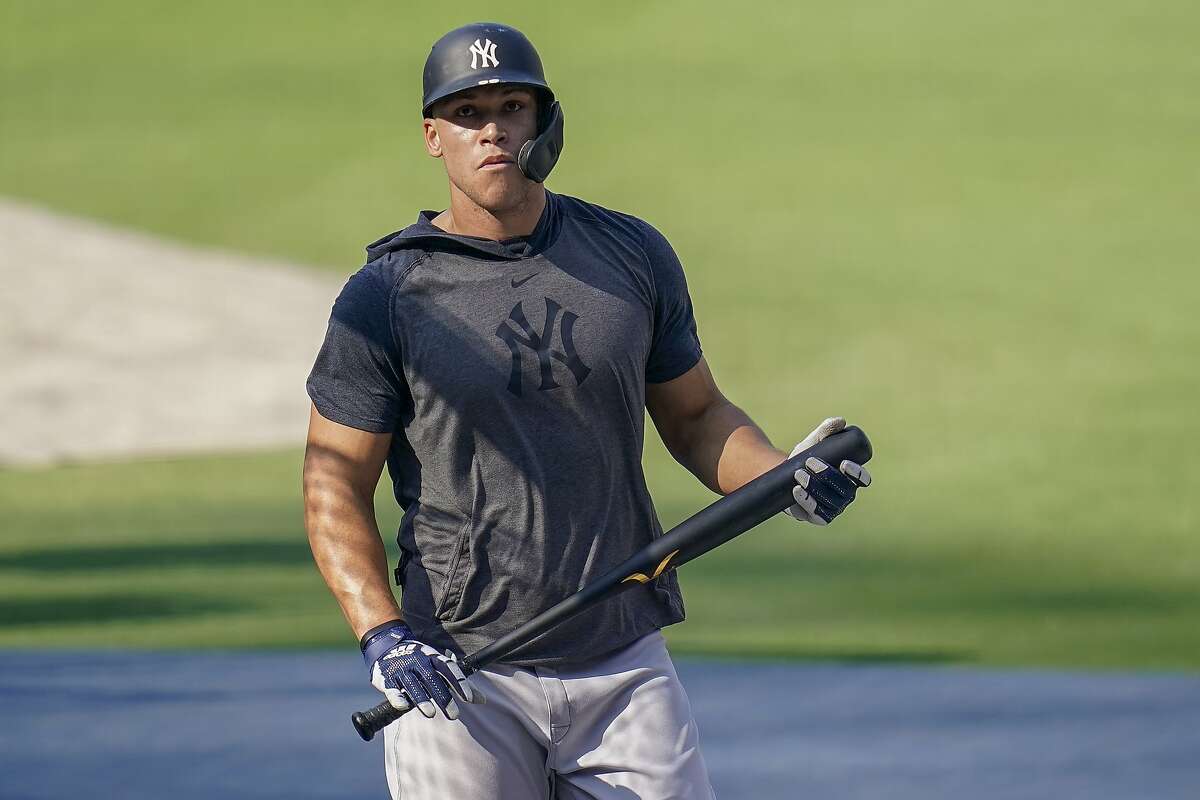 New York Yankees right fielder Aaron Judge takes batting practice before playing against the Tampa Bay Rays on Monday, Oct. 5, 2020.