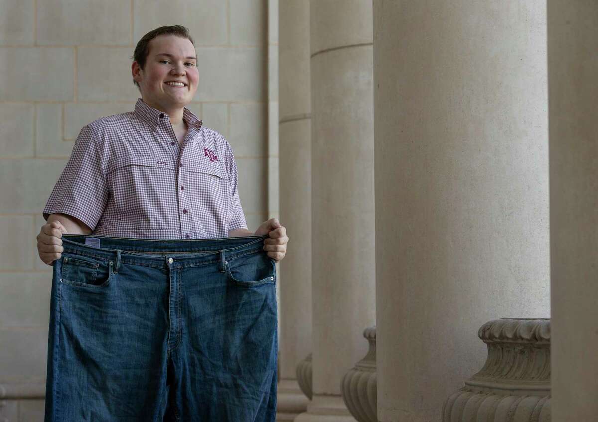 Bryce Stephenson, 19, poses for a photograph at Texas A&M on Friday, Oct. 2, 2020, in College Station, Texas. Stephenson has lost 154 pounds since undergoing bariatric surgery in March.