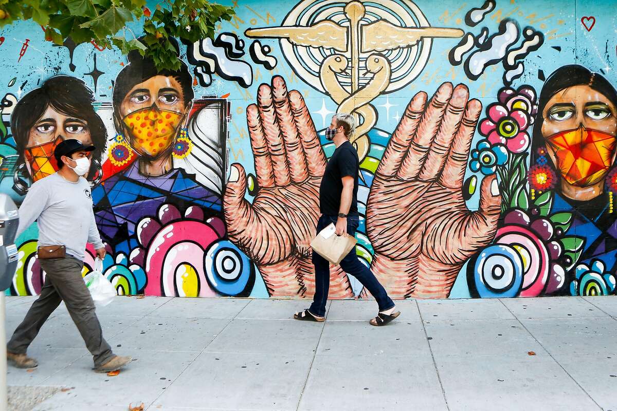 People in masks walk past a Sutter Pacific Medical Foundation (SPMF) Covid-19 mural outside their facility on Valencia Street on Tuesday, October 6, 2020 in San Francisco, Calif.