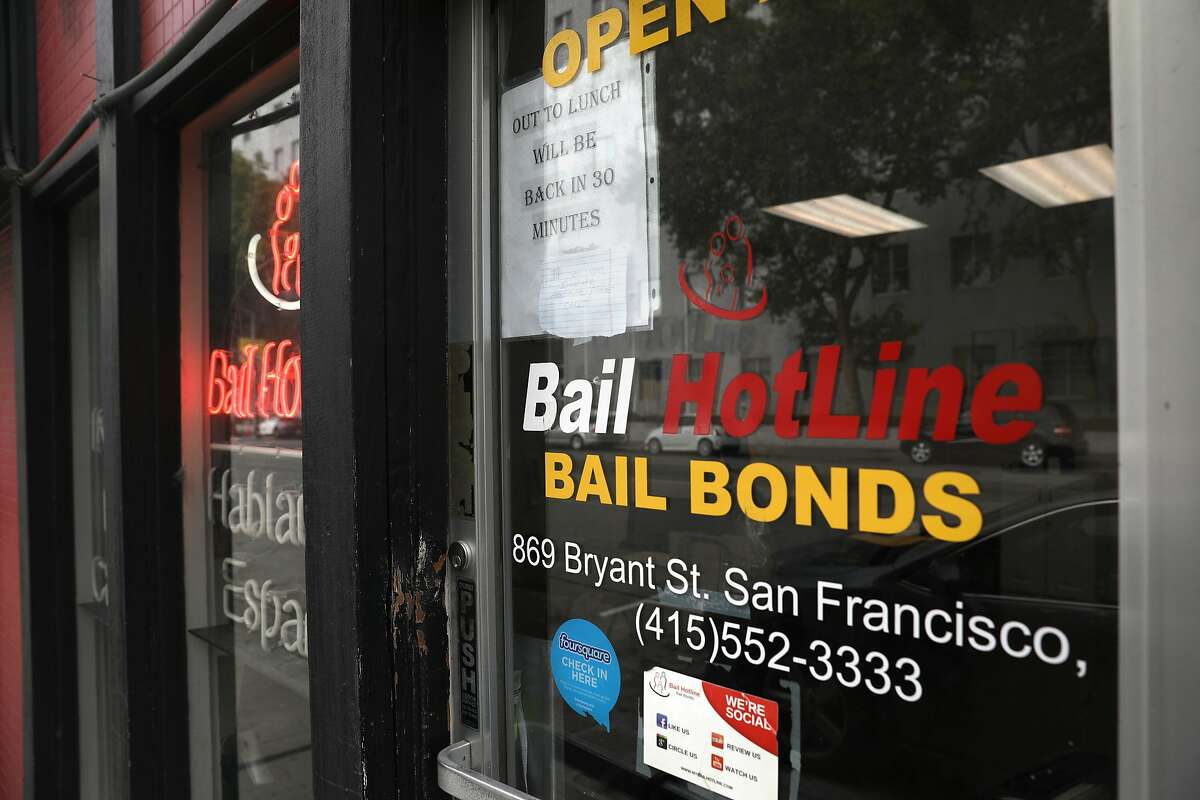 Bail HotLine bail bonds, one of many businesses defendants use for putting up cash bail for release, is across from the S.F. Hall of Justice.