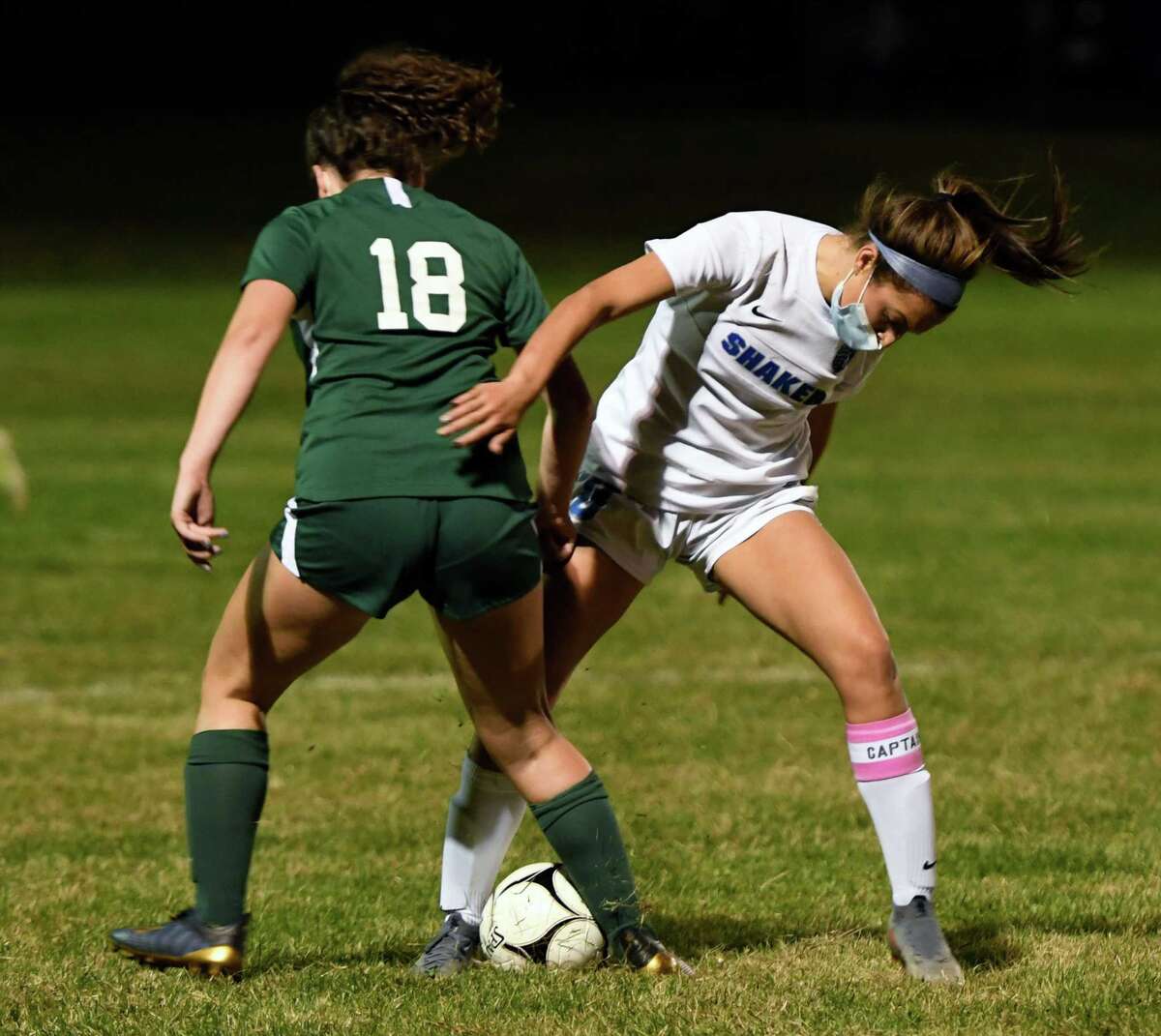 Shen's Gloria Kokkinides and Shaker's Bella Tronco go after the ball during a game Tuesday, Oct. 6, 2020, in Clifton Park(Jenn March, Special to the Times Union)