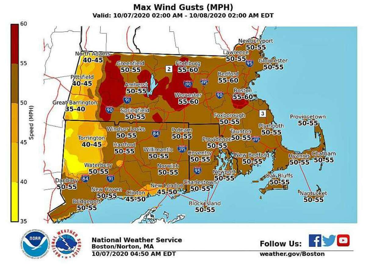 The strongest gusts are expected between 5 and 11 p.m. on Wednesday, Oct. 7, 2020, according to the NWS's hourly forecast.