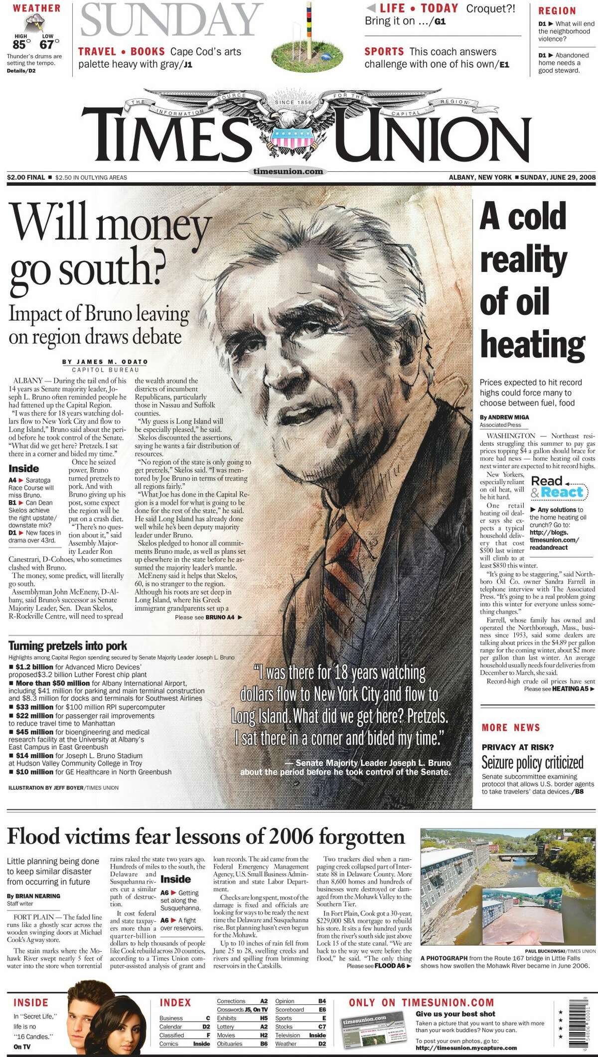 June 29, 2008: News of Bruno's imminent exit from the Senate prompts fears that the loss of his ability to bring home the bacon in terms of state funding could have sweeping impact on the Capital Region economy.