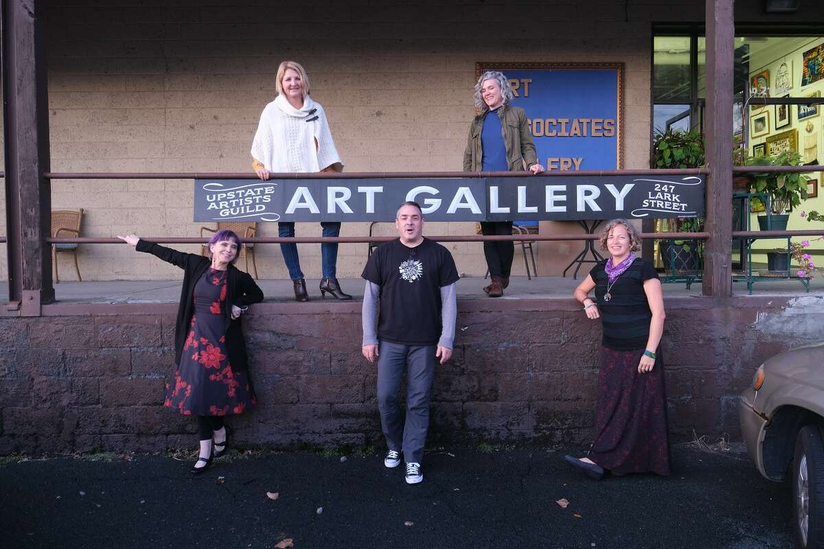 Outside of Art Associates on Railroad Avenue in Albany. Top row (from left): Christa Dijstelbergen-Ricci  and Robyn Diaz.  Bottom row (from left): Nina Stanley, Adam Furgang and  Rebecca Schoonmaker. (credit: Benjamin Furgang)