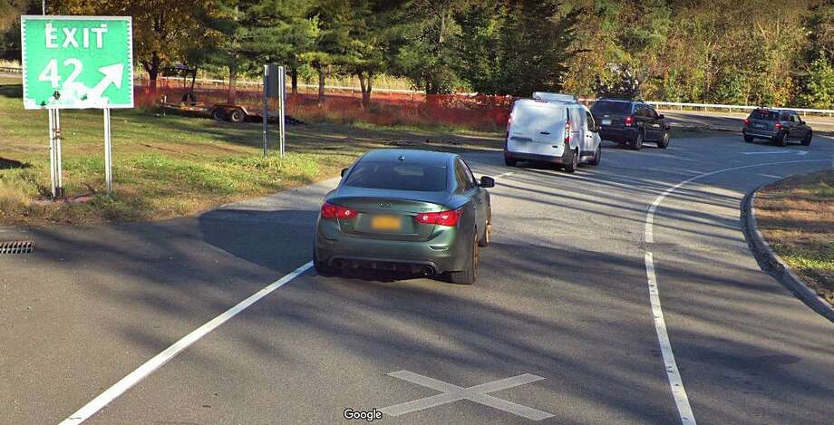 A project designed to improve traction on the off ramps of exit 42 will require the daytime closure of the Merritt Parkway ramps in Westport on Thursday, Oct. 8 and Friday, Oct. 9, 2020, the state Department of Transportation has announced. Studies have found that High Friction Surface Treatment can reduce the number of crashes on tight curves and during wet weather by providing more grip on the road. Photo: Google Street View Image