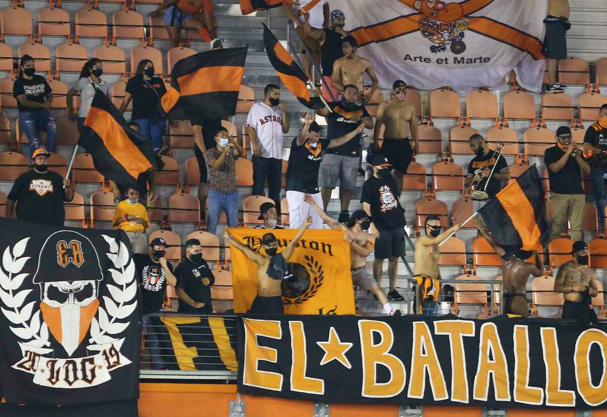 Houston Dynamo support groups cheering for the team's lead against the FC Dallas during the second half of a MLS match Wednesday, Oct. 7, 2020, at BBVA Stadium in Houston. Houston Dynamo defeated FC Dallas 2-0.