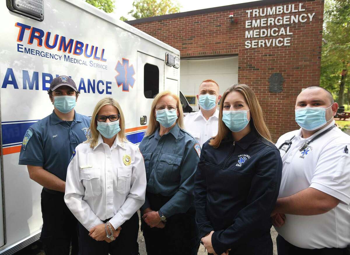 Members of Trumbull EMS, from left, Matthew Pond, Chief Leigh Goodman, Meg Zeitler, Andrew Weber, Lauren Pettinella, and Eric Diaz.