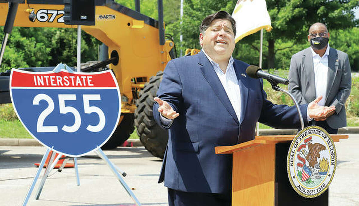 In this July photo, Gov. J.B. Pritzker answers questions from the press at the Illinois Department of Transportation offices in Collinsville. IDOT currently is nearing completion of the Interstate 255 project and is planning seven other Metro East projects next year.