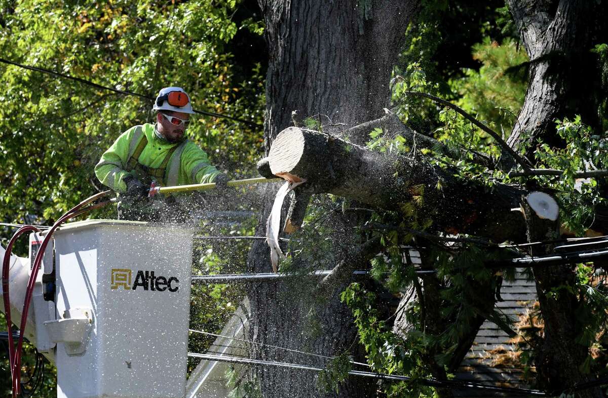 Work crews clear fallen tree limbs from utility lines along Hawthorne Avenue on Thursday, Oct. 8, 2020, in Delmar, N.Y. The University at Albany is working with two Hudson Valley utilities to improve the forecasting of damaging storms. (Will Waldron/Times Union)