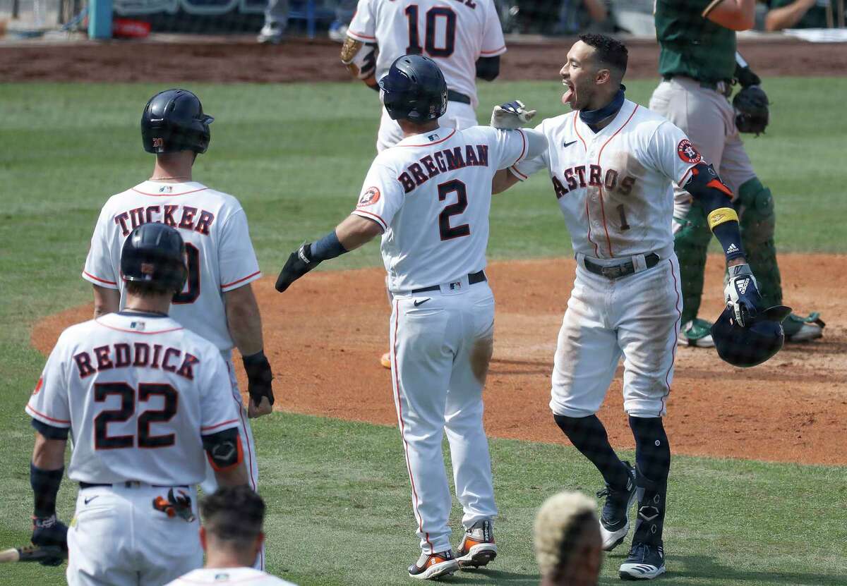 Then, the special pre-planned celebration with Alex Bregman, who gets a hand slap, a salute and then something similar to the Bash Brothers that is more like a bicep bash.