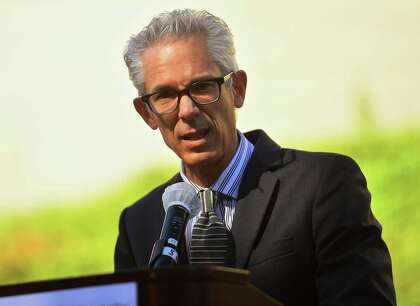 Bruce Museum Executive Director and CEO Robert Wolterstorff addresses the groundbreaking ceremony at the museum in Greenwich, Conn. on Thursday, October 8, 2020. The new addition will be comprised of the William L. Richter Art Wing, the Steven & Alexandra Cohen Education Wing, the Robert R. Wiener Mineral Gallery, and a restaurant.