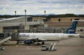 A JetBlue plane at Bradley Airport in Windsor Locks, Conn., on Oct. 6, 2020. JetBlue will launch June 24, 2021 nonstop service between Bradley and Miami International Airport.