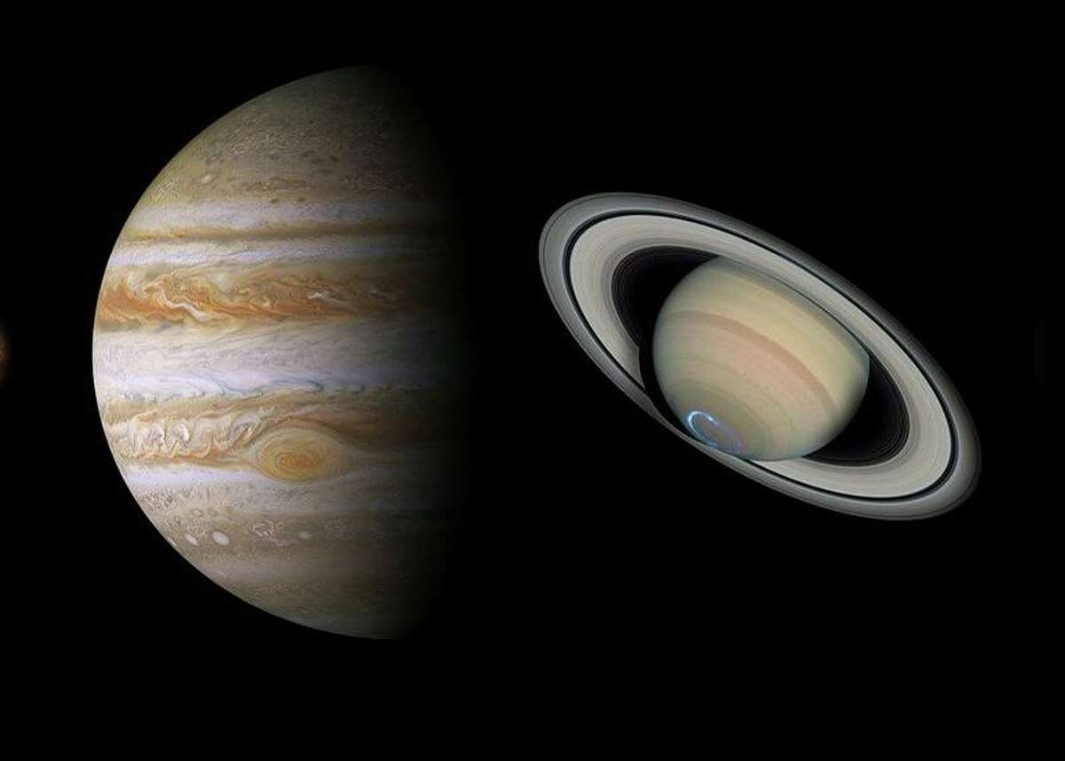 Jupiter and Saturn are shining brightly in the autumn sky.